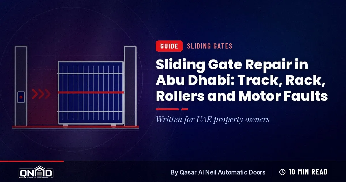 Close view of a villa sliding gate wheel sitting في its floor groove beside the motor and rack