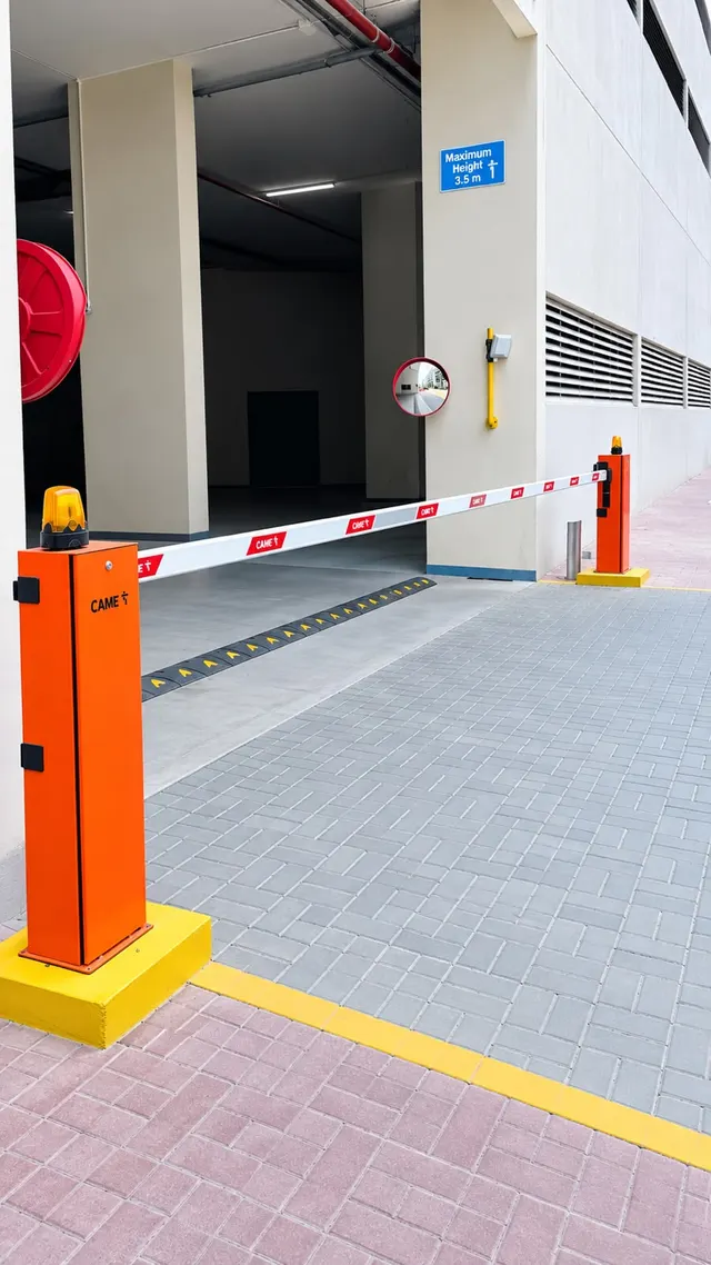 gate barrier leaf closed across a vehicle entrance lane