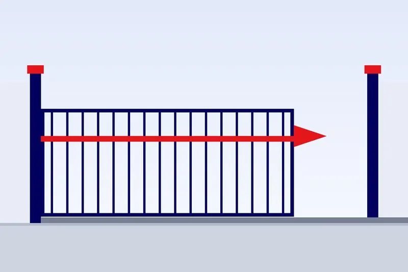 Automatic sliding gate closed across a villa driveway with an intercom post beside it
