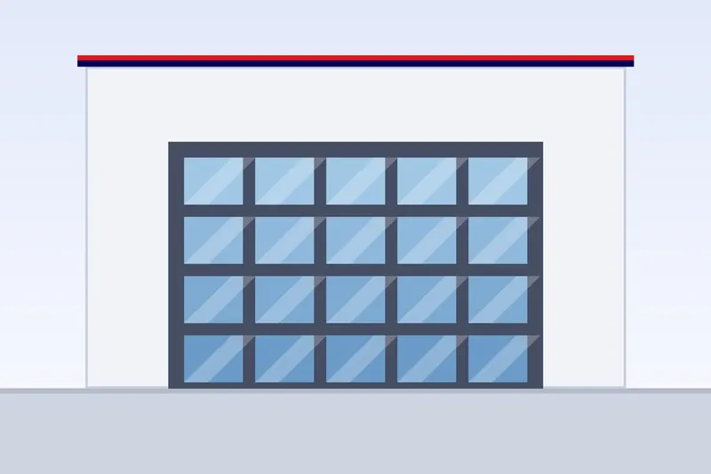 Glazed panoramic garage door with a slim aluminium frame on a modern building